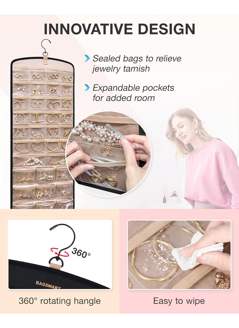 BAGSMART BAGSMART Hanging Jewelry Organizer with Small Cosmetic Bag Elegant Roomy Makeup Bags Necklace Holder Antitangle Earrings Rings Hanger with 20 Jewelry Bags  - Image 4