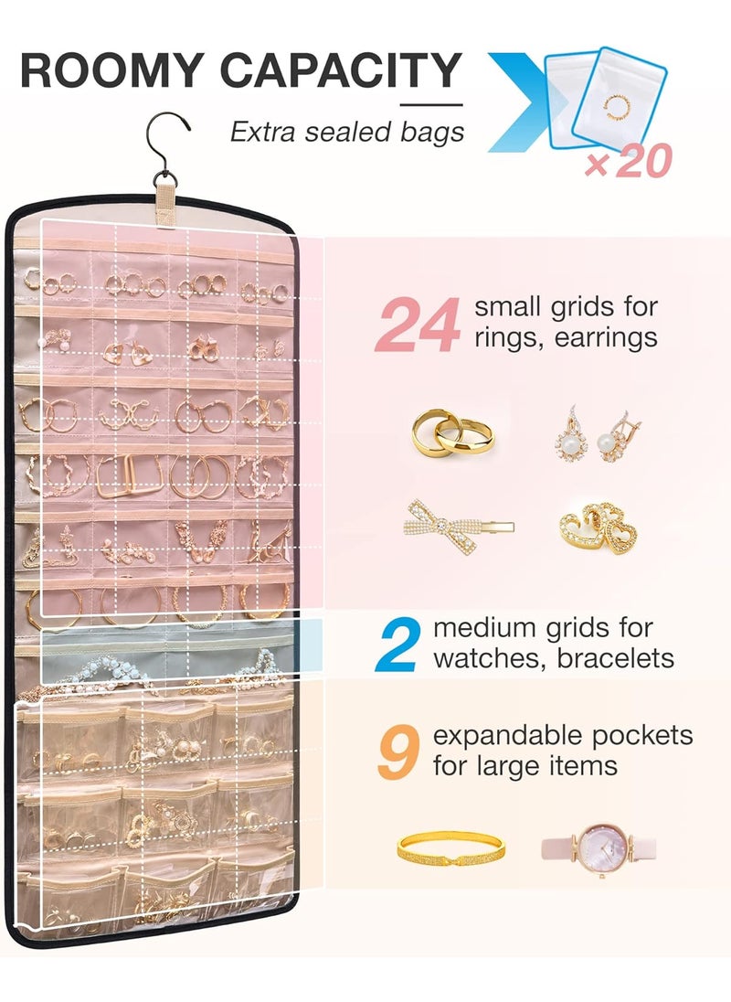 BAGSMART BAGSMART Hanging Jewelry Organizer with Small Cosmetic Bag Elegant Roomy Makeup Bags Necklace Holder Antitangle Earrings Rings Hanger with 20 Jewelry Bags  - Image 3