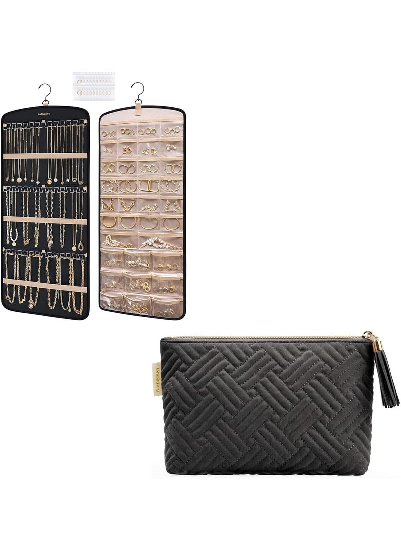 BAGSMART BAGSMART Hanging Jewelry Organizer with Small Cosmetic Bag Elegant Roomy Makeup Bags Necklace Holder Antitangle Earrings Rings Hanger with 20 Jewelry Bags  - Image 1