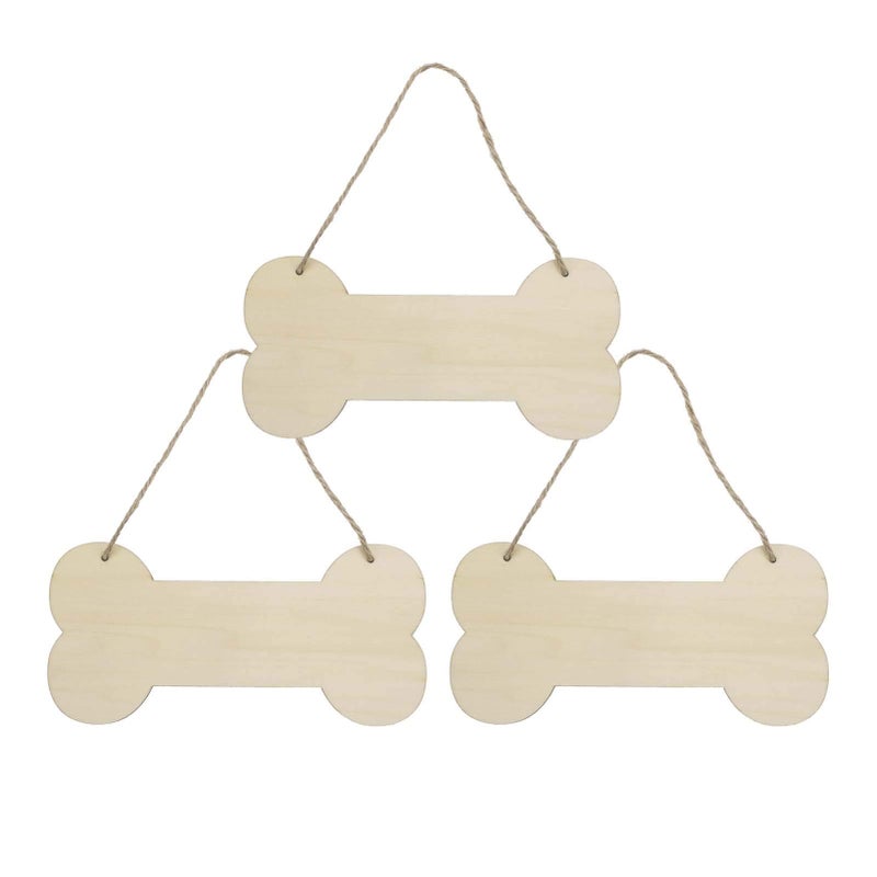 3 Pcs Dog Bone Wood Sign Blank Wooden Plaque Unfinished Wood DIY Crafts Hanging Sign with Ropes for Puppy Pet House Door Wall Decorative 39x79 Inches 10x20 cm