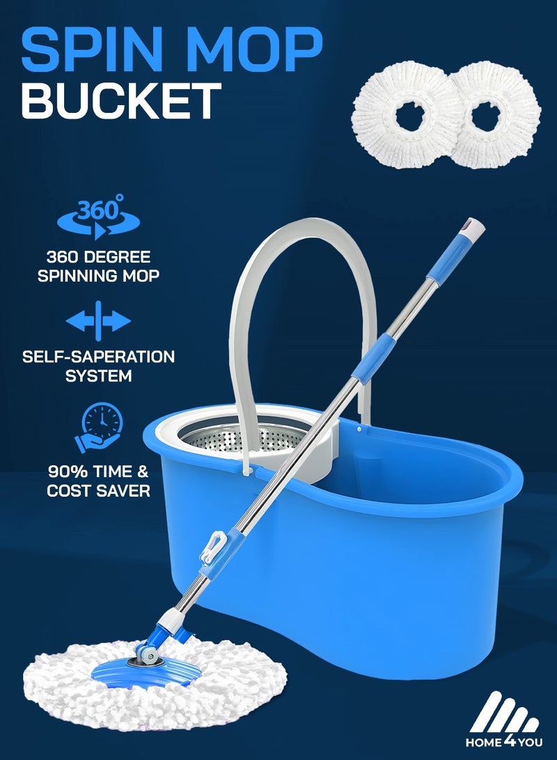 HOME 4 YOU Spin Mop For Floor Cleaning Stainless Steel Mop and Bucket With Telescopic Handle Hands Free Wringing Floor Mop With 6L Large Capacity and Reusable Refills For Home Office Blue - Image 1