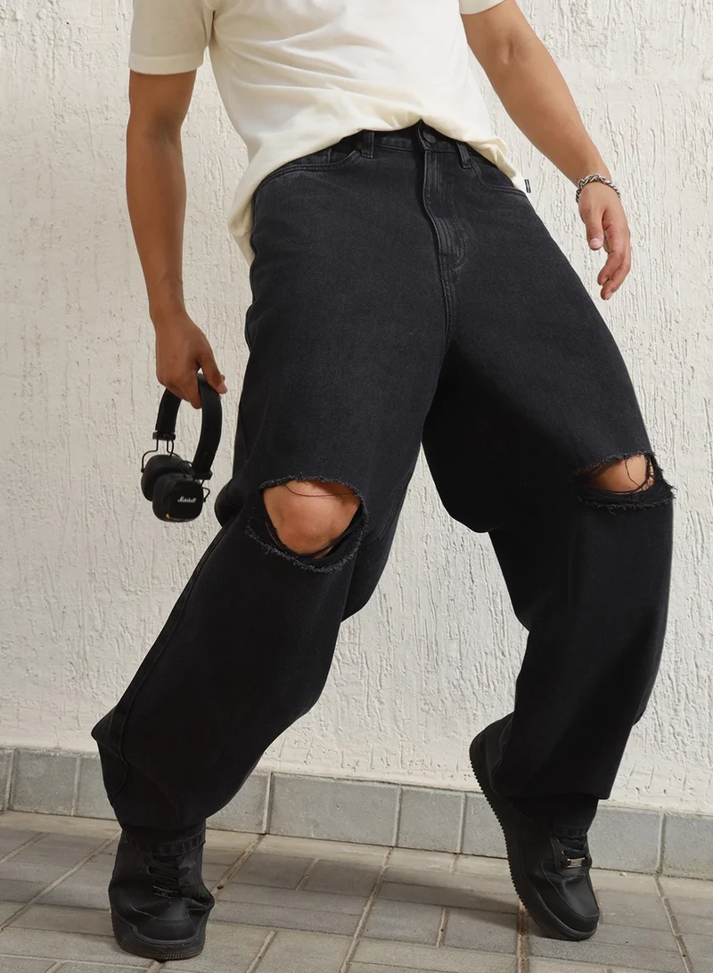 هوبرهولمي Baggy Black Distressed Jeans for Men, Mildly Distressed Look