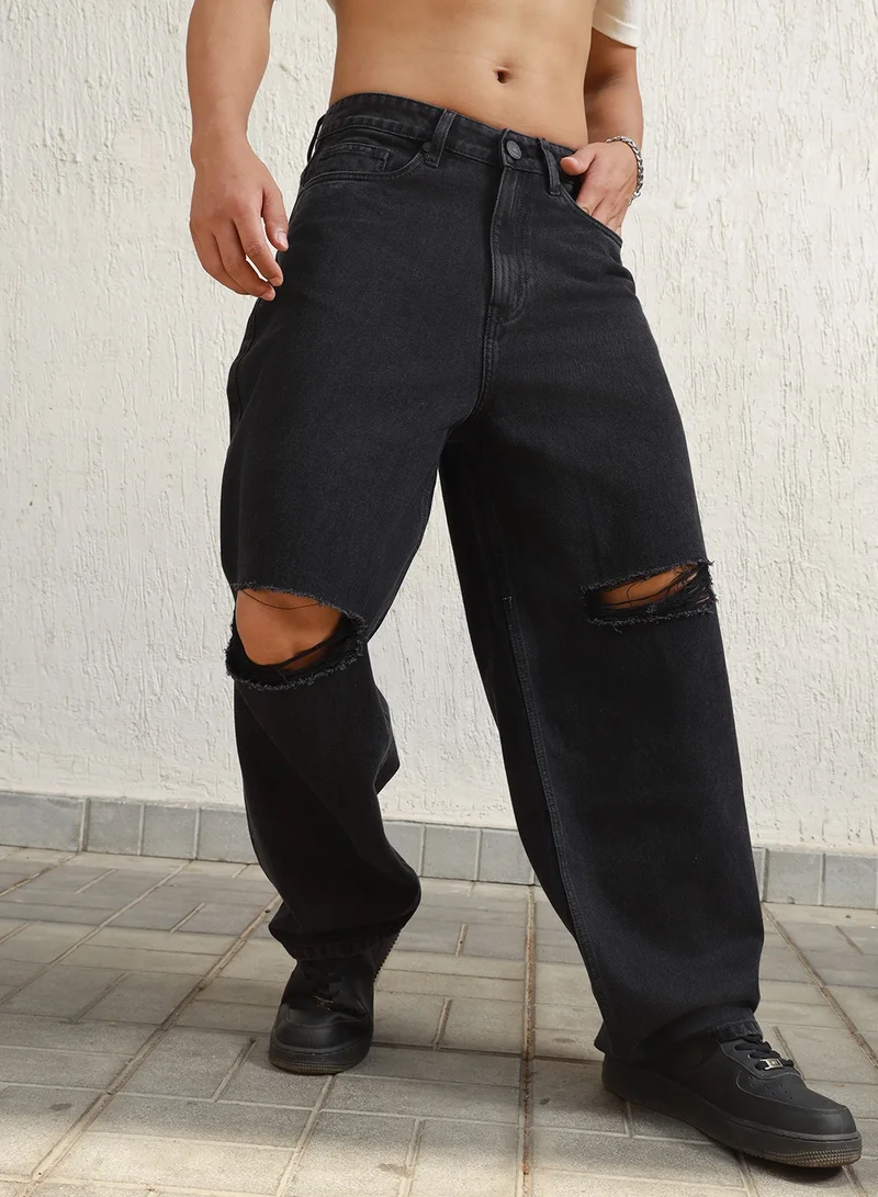 هوبرهولمي Baggy Black Distressed Jeans for Men, Mildly Distressed Look