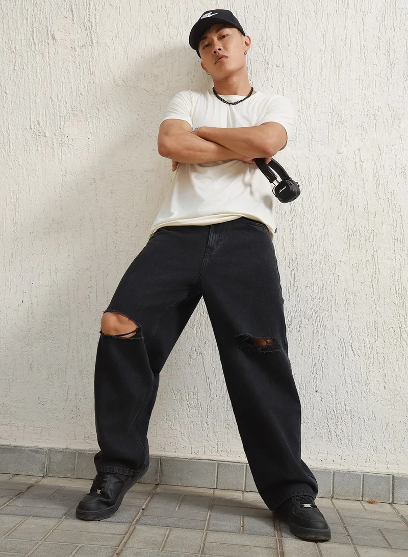 هوبرهولمي Baggy Black Distressed Jeans for Men, Mildly Distressed Look
