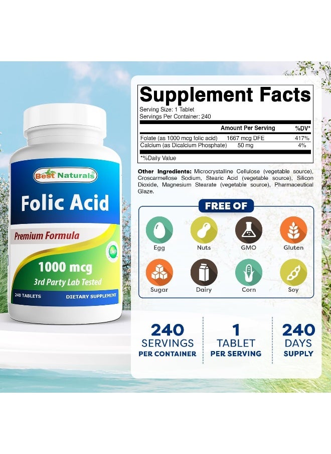 Best Naturals Folic Acid 1000 Mcg (Vitamin B9), 240 Tablets  - Image 2