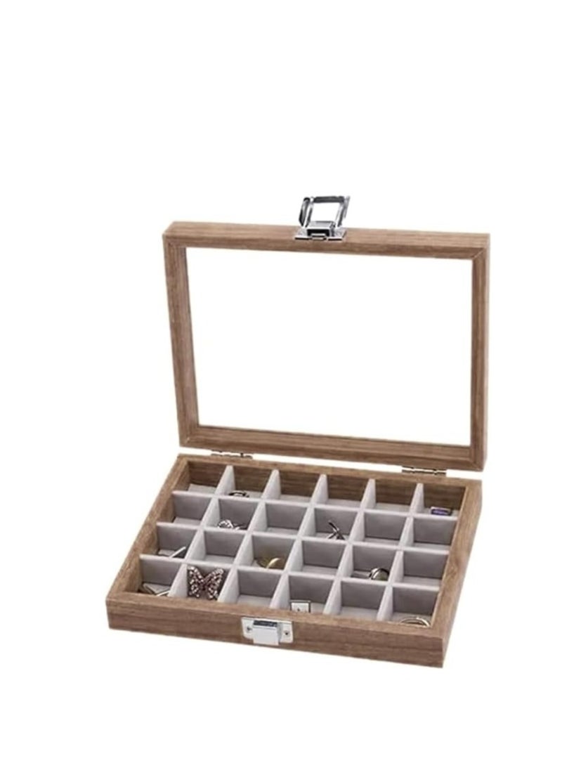 Generic - Wooden Box and Box for Rings Jewelry Accessories - Glass Cover and Divider -24 Box -(21 * 16cm)-Brown - Image 1