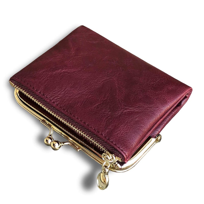 AOXONEL Womens Wallet Small Rfid Ladies Compact Bifold Leather Vintage Coin Purse With Zipper and Kiss Lock (Purple) - Image 1