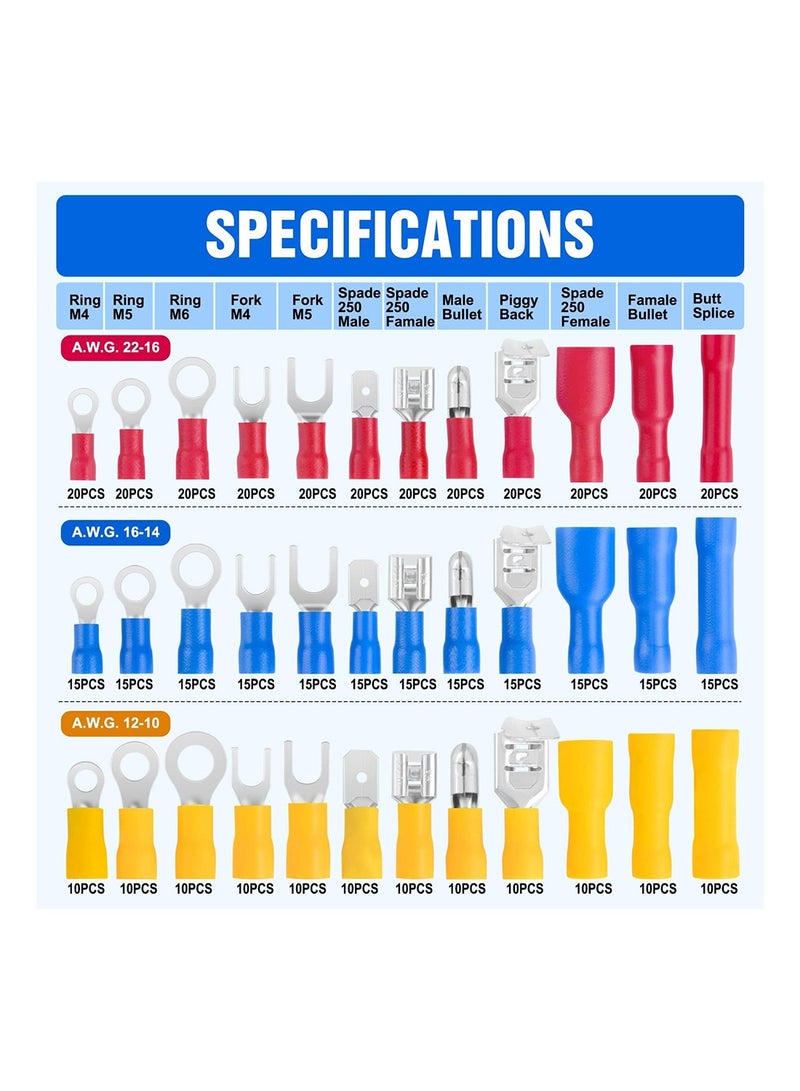 MVAQKLM  540pcs 22-16/16-14/12-10 Gauge Mixed Quick Disconnect Electrical Insulated Butt Bullet Spade Fork Ring Solderless Crimp Terminals Connectors Assortment Kit - Image 2