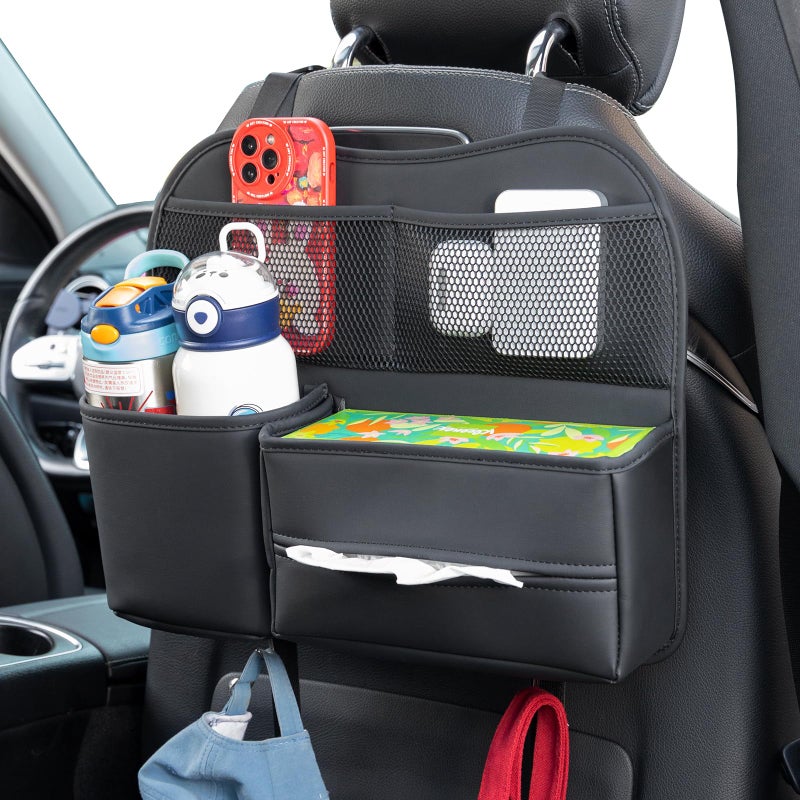 Sancaral Leather Car Seat Back Organizer with Tissue Holder, Water Bottle Holder, Phone Holder for Road Trips. (Black) - Image 1