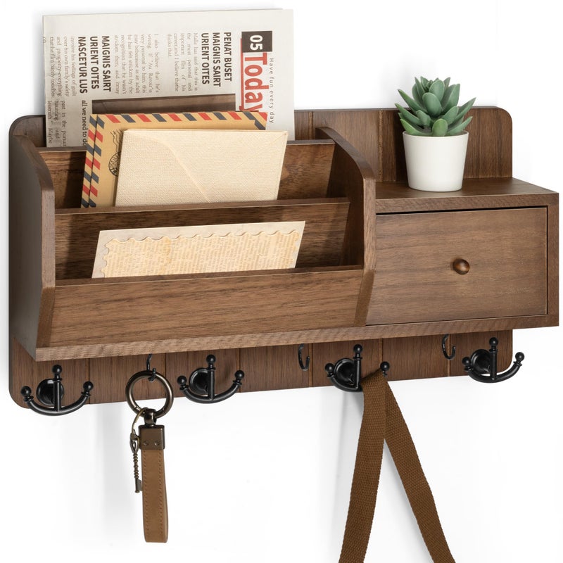 Rebee Vision Key and Mail Holder Wall Mount - Mail Organizer Wall Mount with Storage Hooks and Drawer for Modern Farmhouse Decor - Mail Organizer Wall Mounted for Rustic Apartment Essentials (Brown) - Image 1