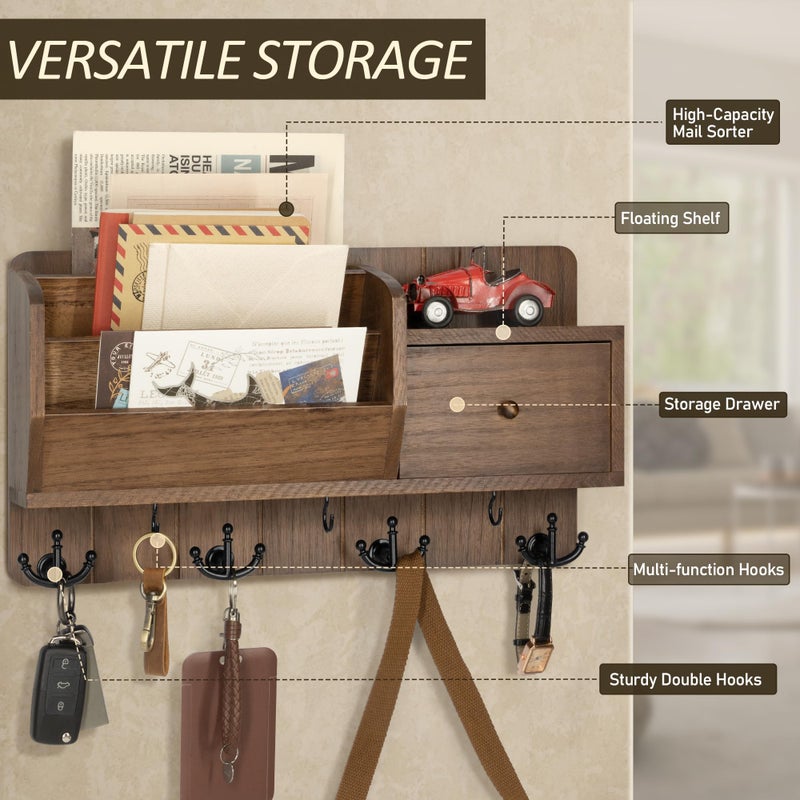 Rebee Vision Key and Mail Holder Wall Mount - Mail Organizer Wall Mount with Storage Hooks and Drawer for Modern Farmhouse Decor - Mail Organizer Wall Mounted for Rustic Apartment Essentials (Brown) - Image 4