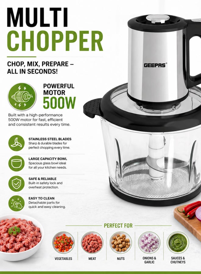 GEEPAS Compact Multi Chopper With Two Speed Levels And Double Blade Assembly 3 L 500 W GMC42024 Silver, Black - Image 4
