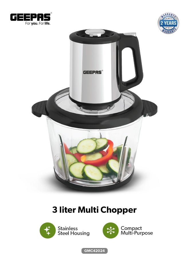 GEEPAS Compact Multi Chopper With Two Speed Levels And Double Blade Assembly 3 L 500 W GMC42024 Silver, Black - Image 1