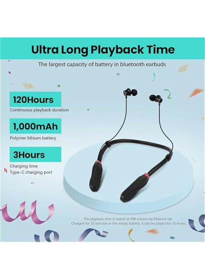 Neckband Bluetooth Headphones, 1000H Long Playtime Wireless Stereo Neckband Earbuds with Microphone, Waterproof Around The Neck Headphones In Ear Headset for Sports/Workout/Office (Black) - Image 2