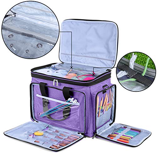 LUXJA Knitting Bag, Yarn Bag with Cover and Shoulder Strap, Yarn Tote Bag for Carrying Projects, Knitting Needles (up to 14”), Circular Needles, Crochet Hooks and Other Accessories, Purple - Image 2