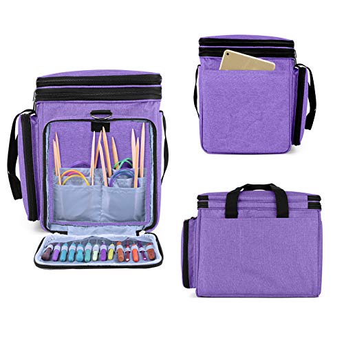 LUXJA Knitting Bag, Yarn Bag with Cover and Shoulder Strap, Yarn Tote Bag for Carrying Projects, Knitting Needles (up to 14”), Circular Needles, Crochet Hooks and Other Accessories, Purple - Image 3