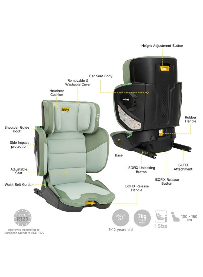 Jovikids Rober I-Size Booster Seat 100–150 Cm (3–12 Years) Isofix+Foldable Adjustable Heightandwidth Ece R129/E4 Certified Cabin Size Portable And Travel-Friendly Removable And Washable Cover Green - Image 4