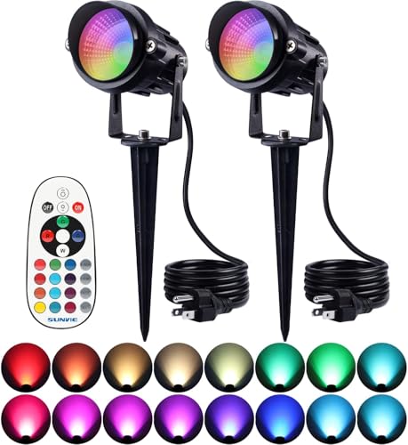 SUNVIE Christmas Spot Lights Outdoor 12W RGB LED Color Changing Landscape Lights with Remote Control 120V Landscape Lighting Waterproof Outdoor Spotlight for Yard Garden Patio Lawn Decorative, 2 Pack - Image 1