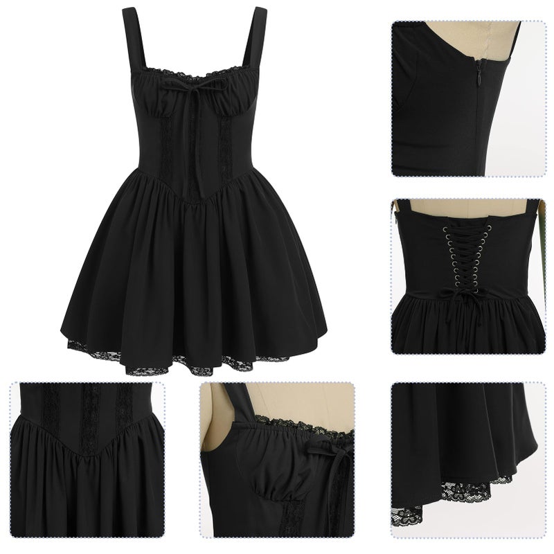 ABEWIP Corset Dresses for Women Spaghetti Straps Short Mini Floral Lace Bustier Dress Summer Boho Sundress Black L - Image 4