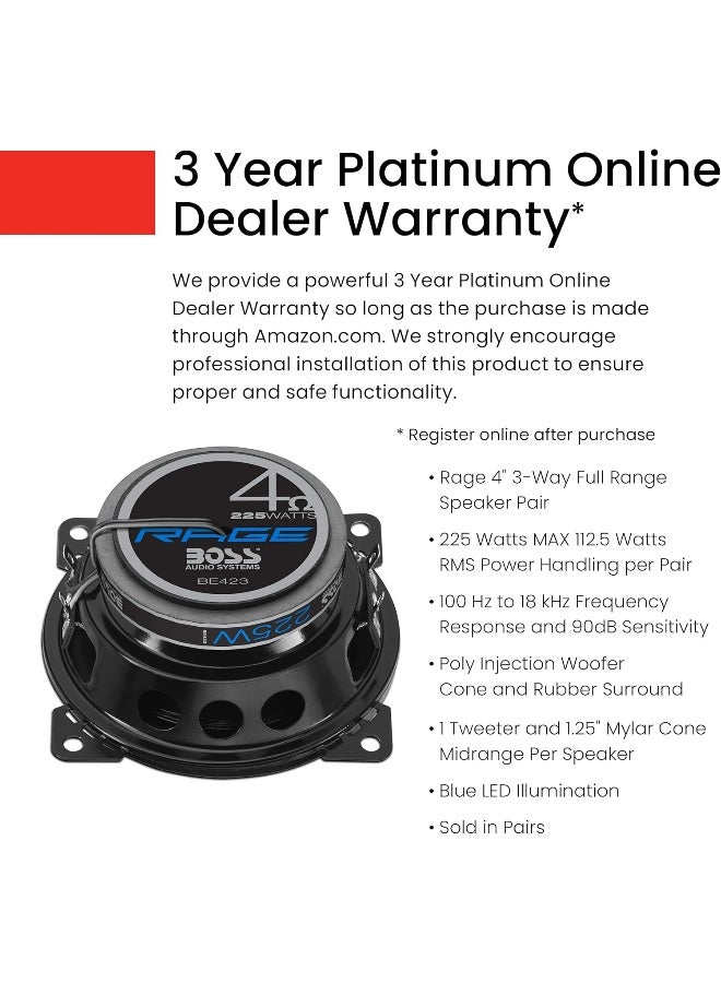 BOSS AUDIO SYSTEMS BOSS Audio Systems BE423 Rage Series 4 Inch Car Door Speakers - 225 Watts (Pair), 3 Way, Full Range, Tweeters, Coaxial  - Image 3