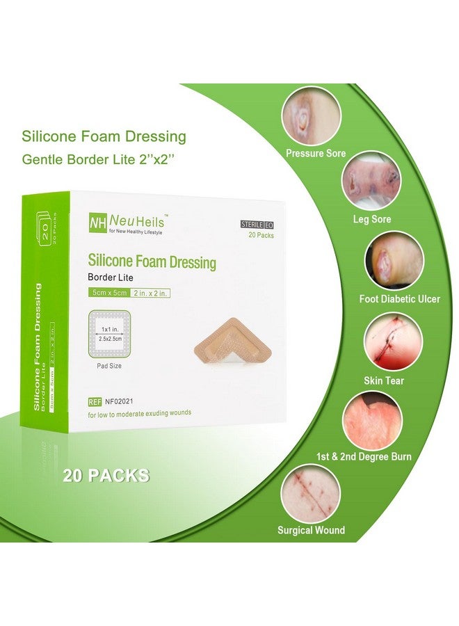 NEUHEILS NeuHeils Silicone Foam Dressing Gentle Border Lite 2''x2'', Pad Size 1''x1'', 20 Pack for Small Bed Sore Pressure Ulcer Wound Bandages Patches - Image 1