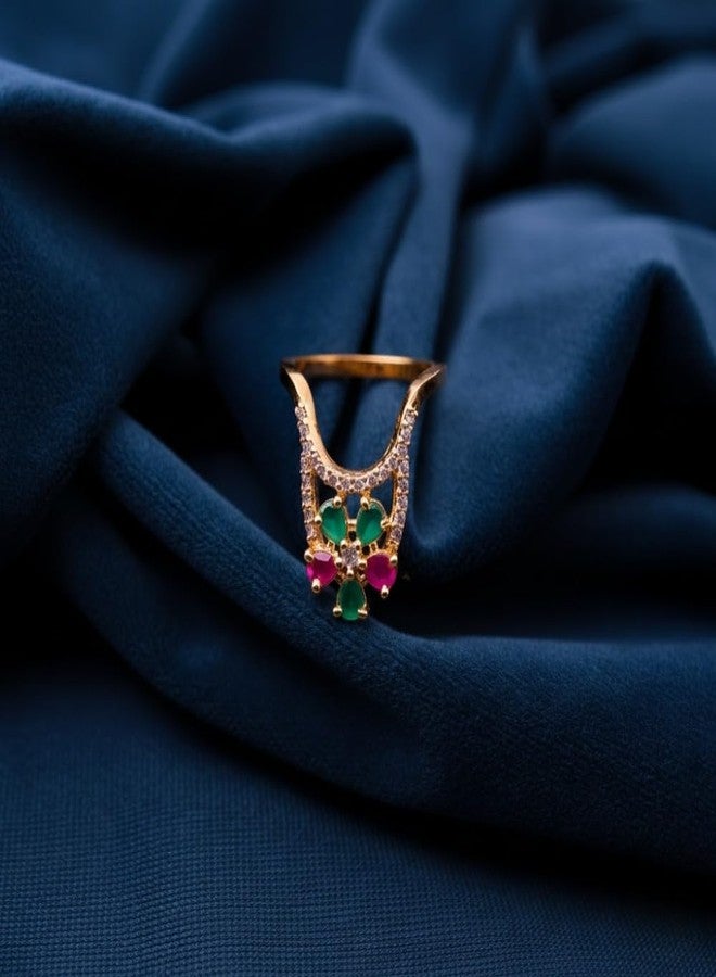 ZEELLO Women’s Traditional Vanki Finger Ring – Gold Plated Multicolour CZ Stone - Image 2