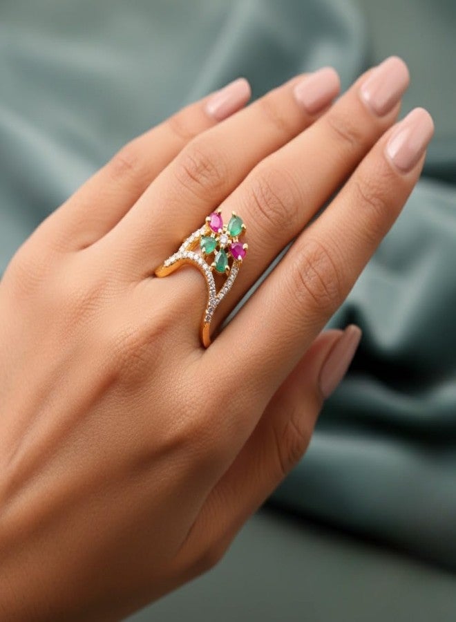 ZEELLO Women’s Traditional Vanki Finger Ring – Gold Plated Multicolour CZ Stone - Image 3