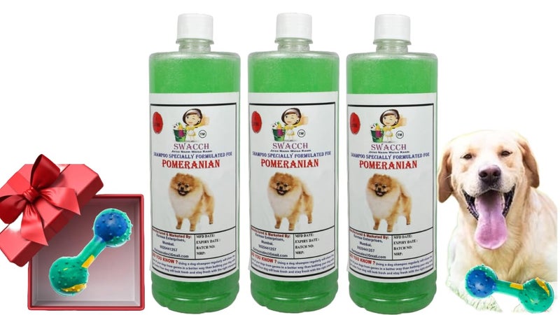 swacch Pomeranian Dog Shampoo + Dumbbell Toy I Durable Rubber Dog Toy for Chewing I Playing,Teeth Cleaning & Training Toy I Combo Pack I 1 Litre Pack of 3 Neem Alovera - Image 1
