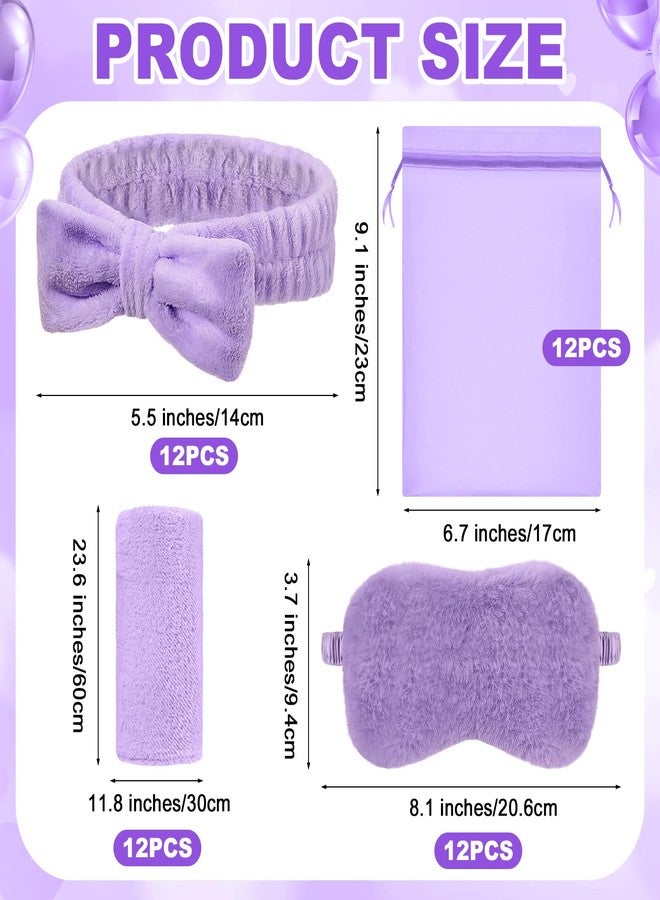 Daifunli 48 Pcs Sleepover Party Supplies 12 Spa Headbands 12 Coral Fleece Towels 12 Plush Eye Masks 12 Organza Bags for Spa Slumber Baby Shower Birthday Party Favors Gift(Purple) - Image 2
