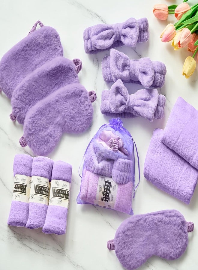 Daifunli 48 Pcs Sleepover Party Supplies 12 Spa Headbands 12 Coral Fleece Towels 12 Plush Eye Masks 12 Organza Bags for Spa Slumber Baby Shower Birthday Party Favors Gift(Purple) - Image 5