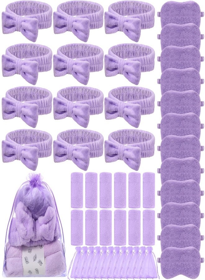 Daifunli 48 Pcs Sleepover Party Supplies 12 Spa Headbands 12 Coral Fleece Towels 12 Plush Eye Masks 12 Organza Bags for Spa Slumber Baby Shower Birthday Party Favors Gift(Purple) - Image 1