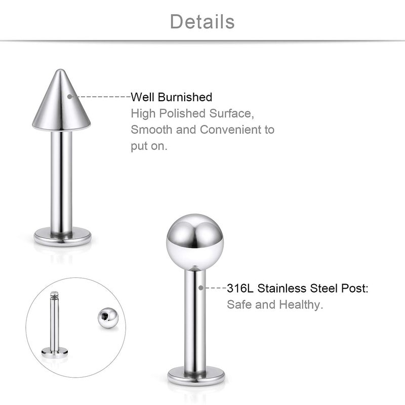 SCERRING 12PCS 14g Stainless Steel Balls & Spikes Labret Monroe Lip Tragus Cartilage Helix Earring Ring Body Piercing Jewelry 8mm - Silver - Image 2