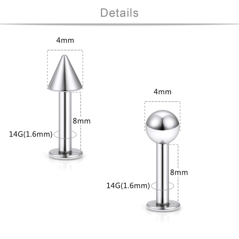 SCERRING 12PCS 14g Stainless Steel Balls & Spikes Labret Monroe Lip Tragus Cartilage Helix Earring Ring Body Piercing Jewelry 8mm - Silver - Image 3