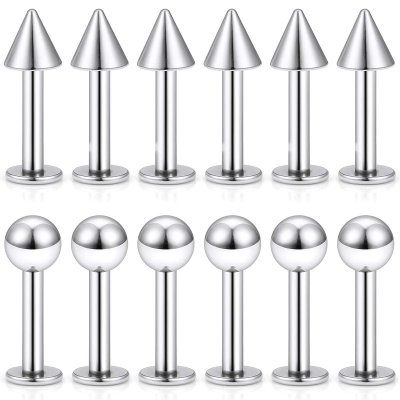 SCERRING 12PCS 14g Stainless Steel Balls & Spikes Labret Monroe Lip Tragus Cartilage Helix Earring Ring Body Piercing Jewelry 8mm - Silver - Image 1