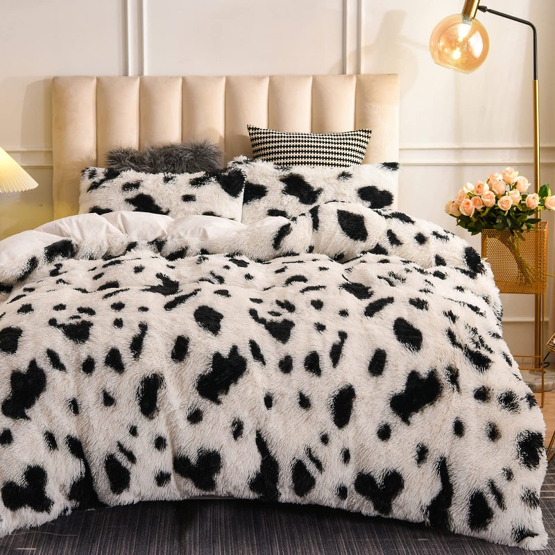 Aimuan Plush Shaggy Duvet Cover Set Faux Fur Fuzzy Cow Print Bedding Comforter Cover  Sets Luxury Ultra Soft Crystal Velvet Reverse Fluffy Quilt Cover Set 3 Pcs White Queen