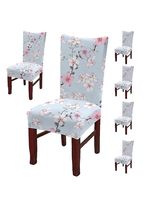 niru Rabhnoor Polyester Blend Stretchable Floral Printed Dining Chair Covers Set of 6 Sky Standard  - Image 1