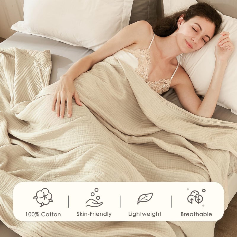 EMME Cotton Throw Blanket for Couch Soft Muslin Blankets 50"x60" Lightweight Breathable Blanket Light Tan All Season Gauze Blanket - Image 3