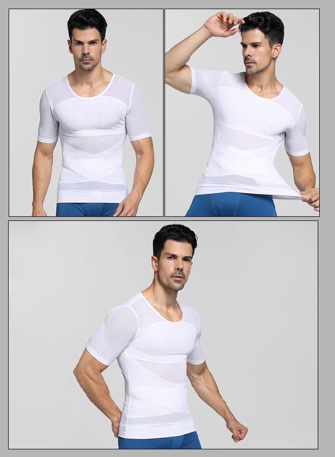 سترة ضغط لتشكيل الجسم للرجال، ملاءمة مريحة، دعم الخصر، تي شيرت رجالي، بلوزة، أبيض، أسود - Image 2
