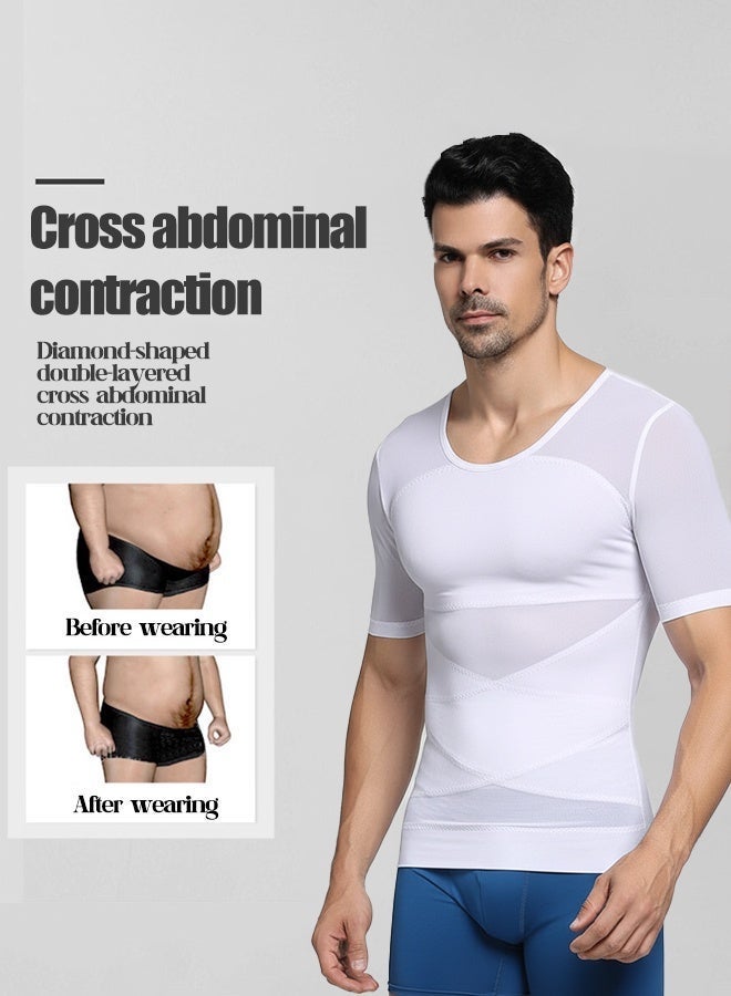 سترة ضغط لتشكيل الجسم للرجال، ملاءمة مريحة، دعم الخصر، تي شيرت رجالي، بلوزة، أبيض، أسود - Image 1