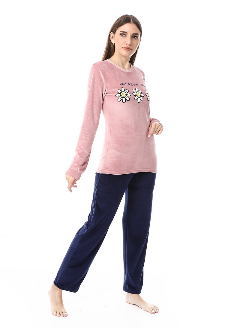 Andora Soft Sticthed Hooded Pajama Set_ Dusty Rose & Navy Blue - Image 3