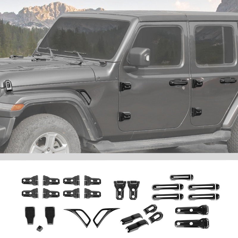 JWWY Complete Exterior Cover Trim Kit for 20182026 Jeep Wrangler JL JLU Full Coverage Door Handle Hood Hinge Hood Latch Side Air Vent Rear Tailgate Window Hinge Covers 43PCS Carbon Fiber - Image 3