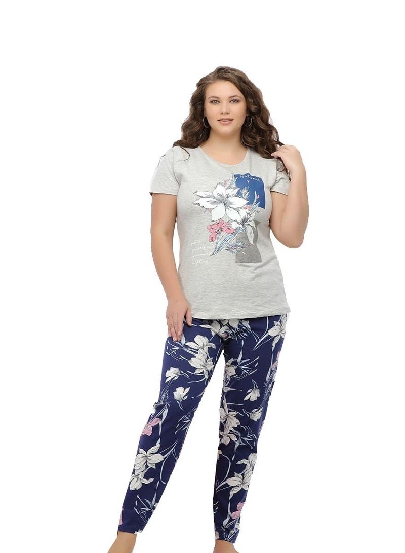 Ganna Women's short-sleeved pyjamas and summer long pants made of cotton large sizes 