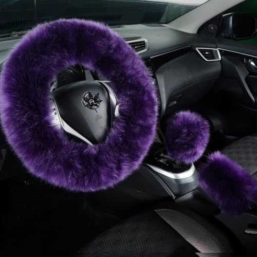 BDFHYK Fuzzy Genuine Sheepskin Steering Wheel Cover Set for Women ParentsFluffy Soft Australian Merino Wool Wrap with Gear Shift and Hand Brake Covers Cozy Stylish Luxury Car Accessories Dark Purple - Image 1