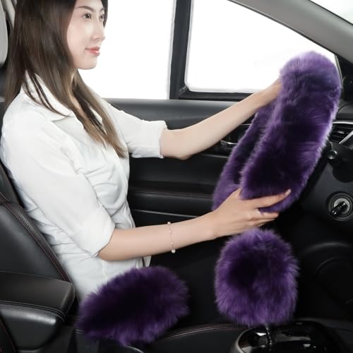 BDFHYK Fuzzy Genuine Sheepskin Steering Wheel Cover Set for Women ParentsFluffy Soft Australian Merino Wool Wrap with Gear Shift and Hand Brake Covers Cozy Stylish Luxury Car Accessories Dark Purple - Image 3