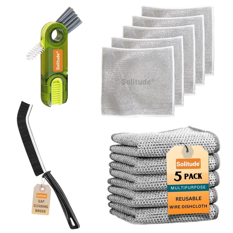 Solitude 7X Combo 5 Non-Scratch Wire Dishcloth, 1 Mini Gap Cleaning Brush & 1 3-in-1 Cup Lid Gap Cleaning Brush, Multipurpose Wire Dishwashing Rag for Wet and Dry, Easy Rinsing, Reusable for Kitchen - Image 1