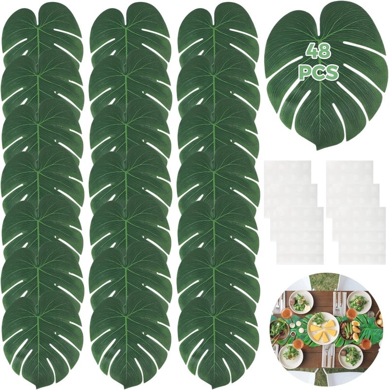 36 Artificial Palm Leaves, Faux Monstera Leaf Table Runner with Dot Stickers for Luau and Tropical-Themed Parties - Image 1