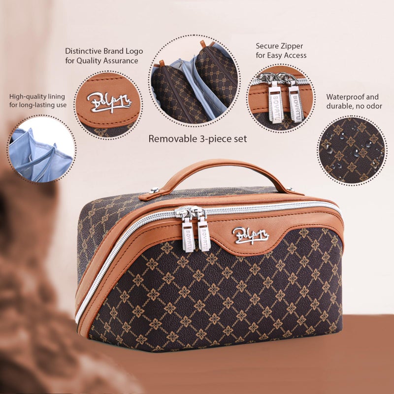 BOYATU Travel Makeup Bag Cosmetic Bags for Women: 3 Pcs Set Large Portable Make up Bag with Handle - Vegan Leather Toiletry Bags with Compartments - Makeup Organizer for Travel Essentials(A-1-Coffee) - Image 2