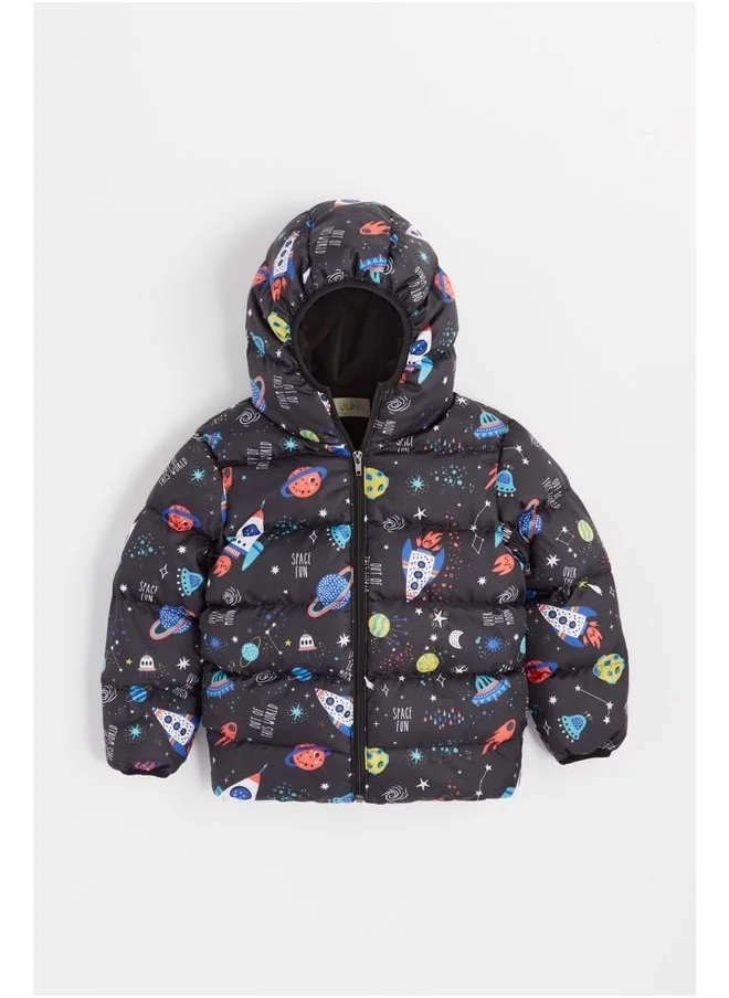 JUNE June Space Patterned Hooded Boy's Coat with Fleece Inside Black