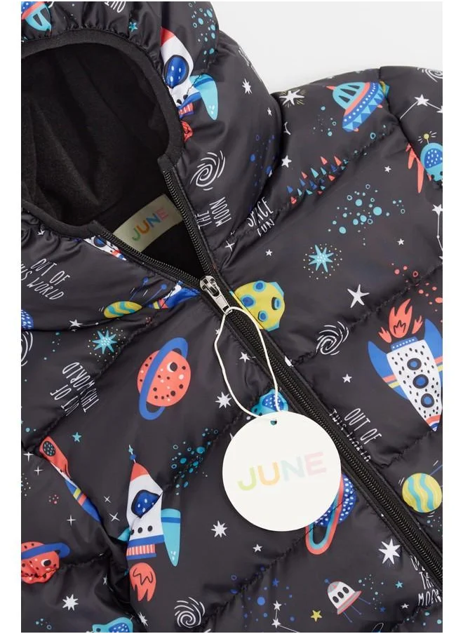 جون June Space Patterned Hooded Boy's Coat with Fleece Inside Black