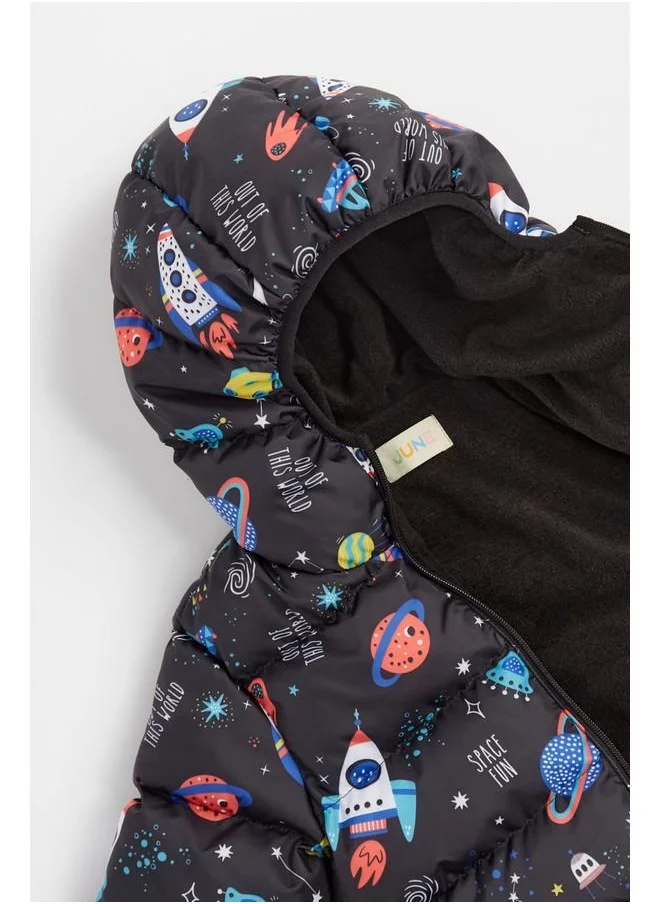 جون June Space Patterned Hooded Boy's Coat with Fleece Inside Black